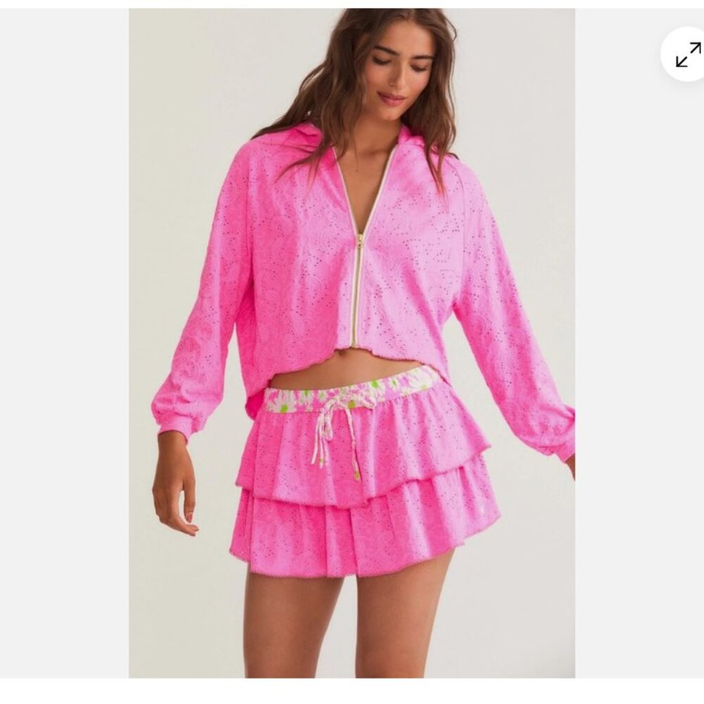 LoveShackFancy X Hurley Cotton Candy Pink Eyelet Paisley Tiered Skirt S NWT
